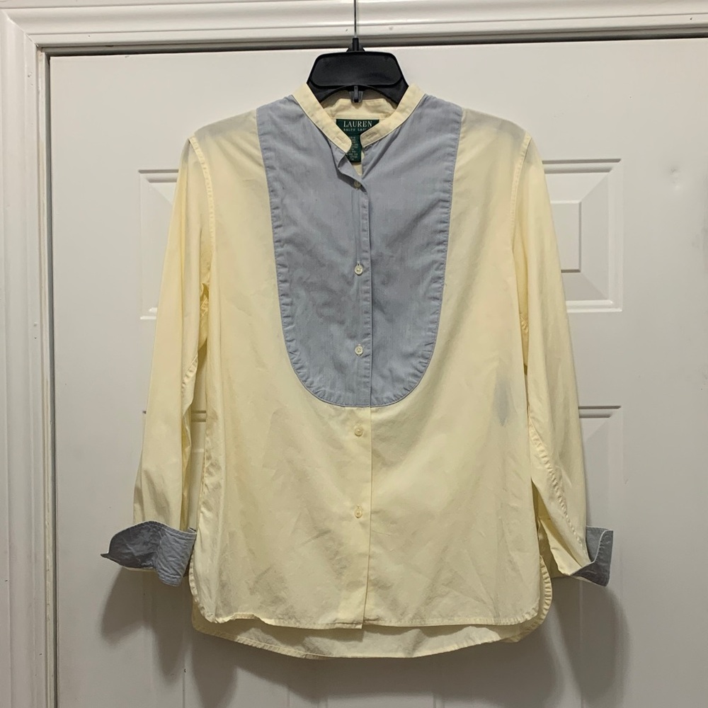Ralph Lauren 100% Cotton Pale Yellow Shirt with Light Blue Bib and Cuffs Small